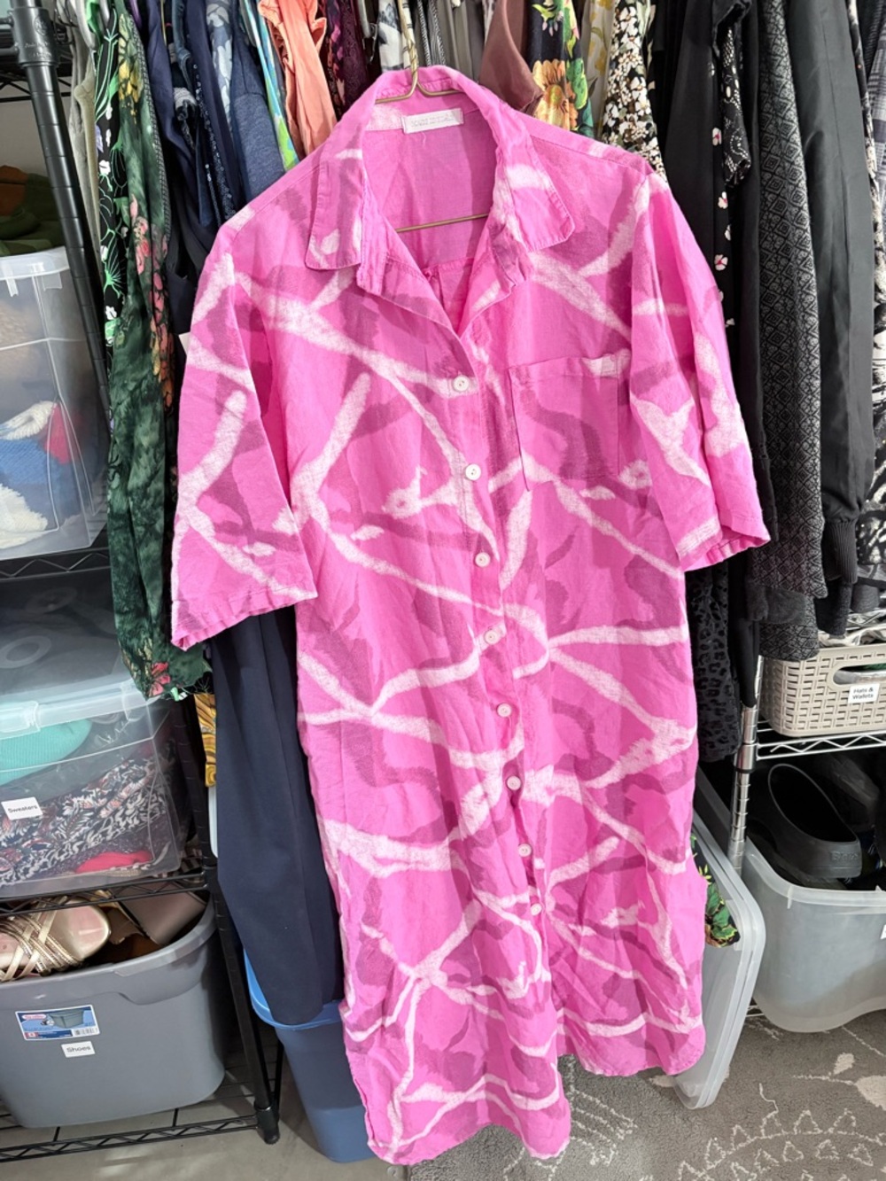 Bright Pink Linen Button-Up Shirt with Brand Label